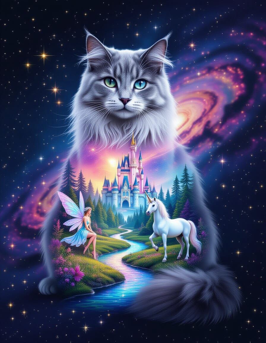 Ghostly Cat Hologram With Fantasy Microcosm Inside
