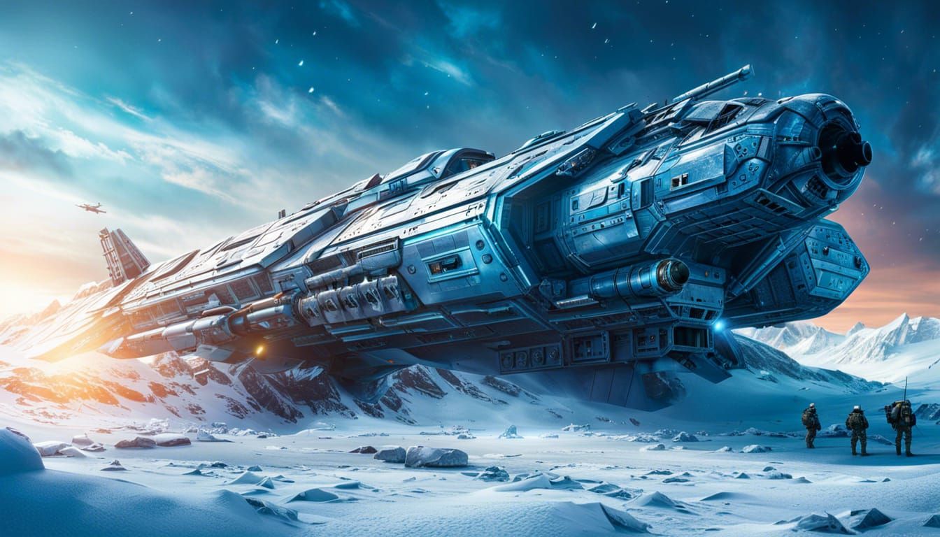 Crashed Military Spaceship on Frozen Planet in Sci-Fi Style