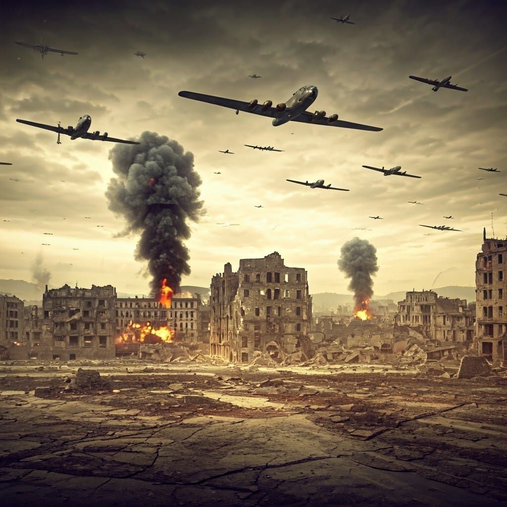 War-Torn Cityscape in Cinematic Film Style
