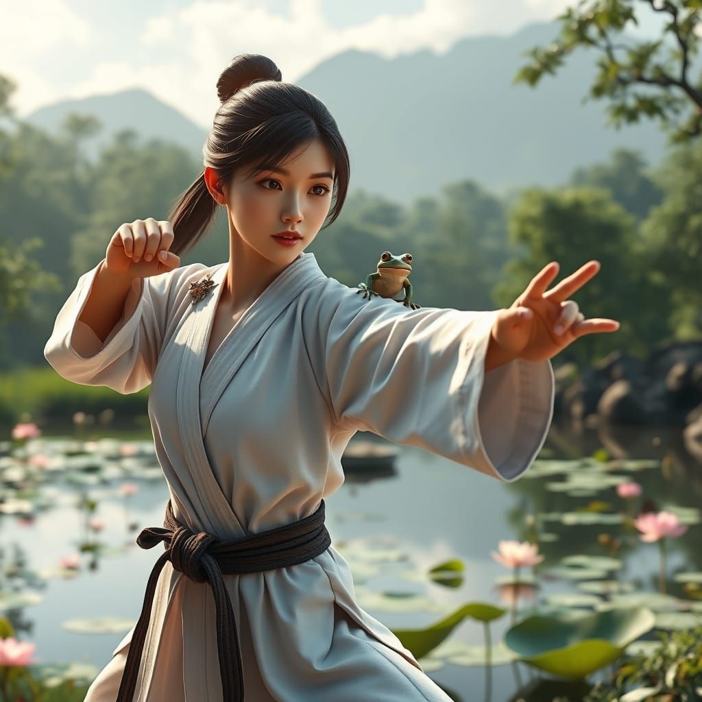 Asian Woman Karate Practice in Japanese Wilderness
