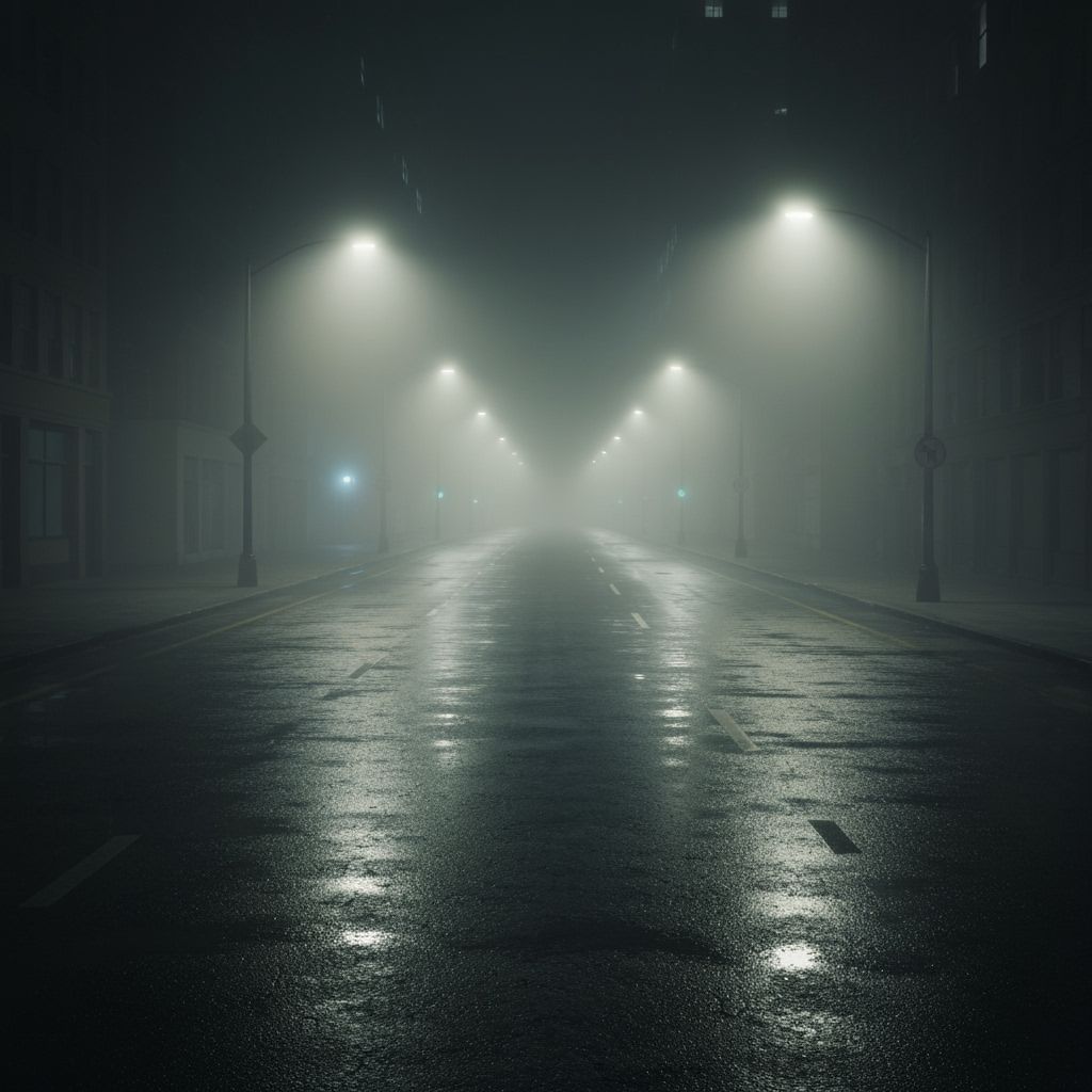 Foggy City Street at Night with Long Shadows
