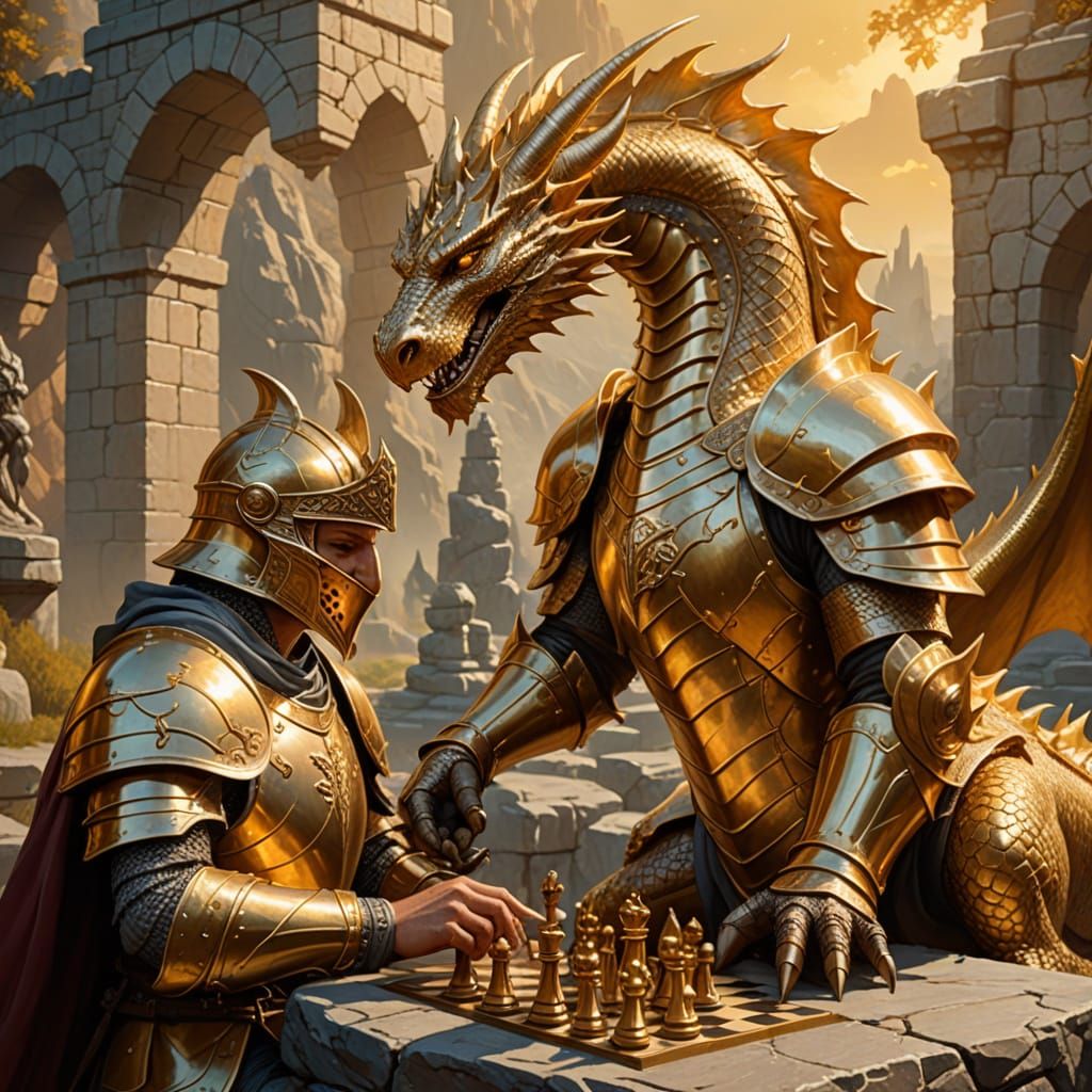 Knight and Dragon Play Chess: Fantasy Illustration