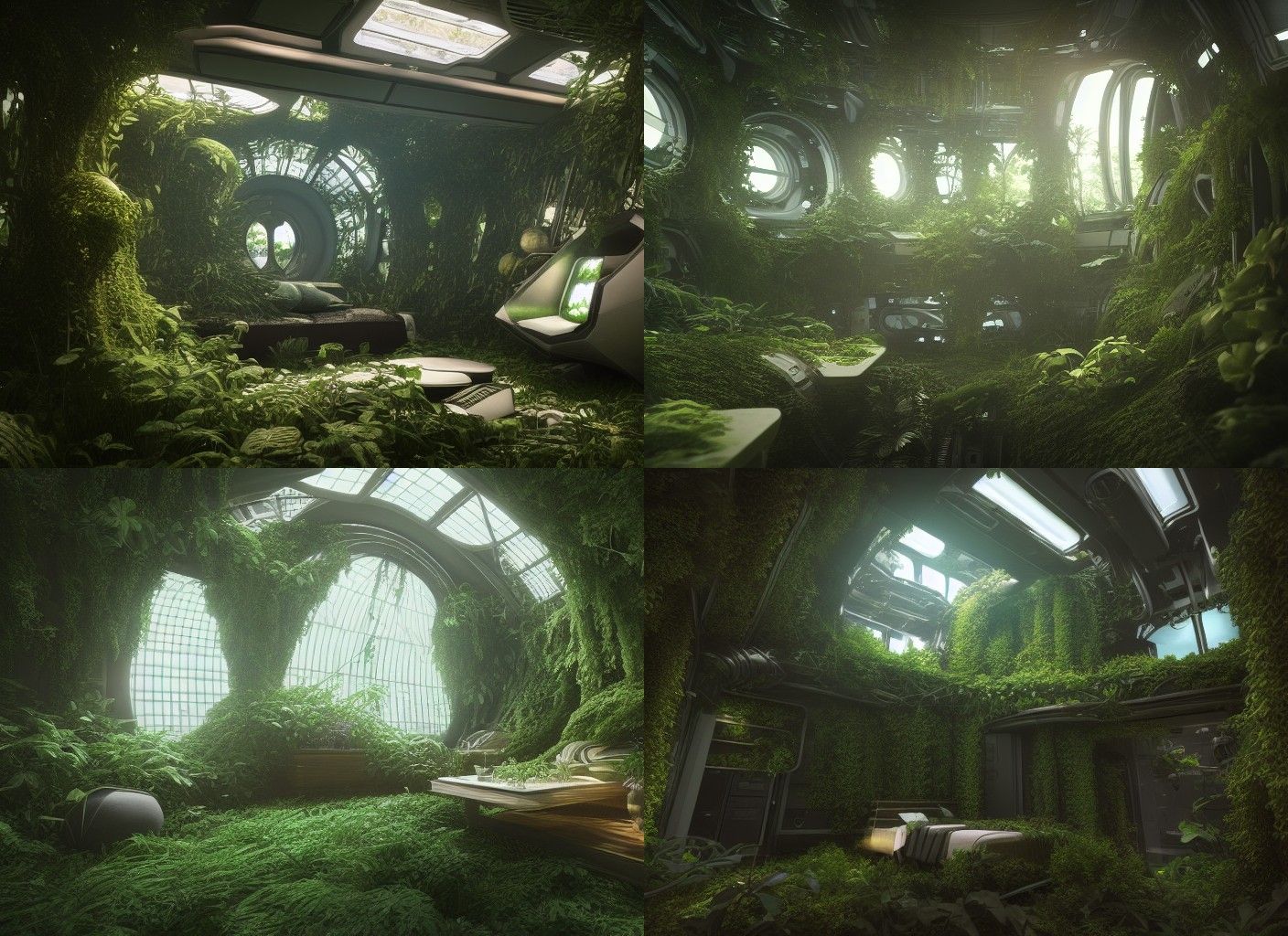 Overgrown Spaceship Interior in Gothic Art Style