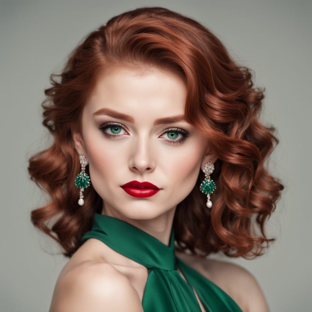 Glamorous Woman in Emerald Gown Poses in Elegant Portrait