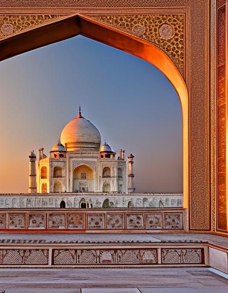 16k resolution, dawn at the Taj Mahal, reflecting the soft p...