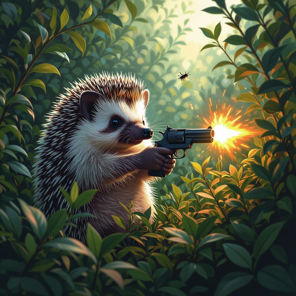 Surreal Hedgehog Shoots at Police in Dramatic Lighting