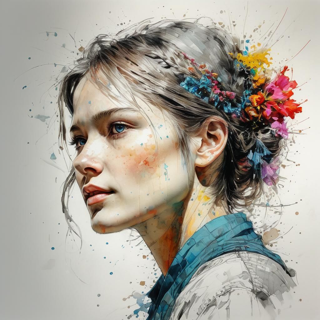 Colorful Ink Portrait of German Woman in Traditional Attire