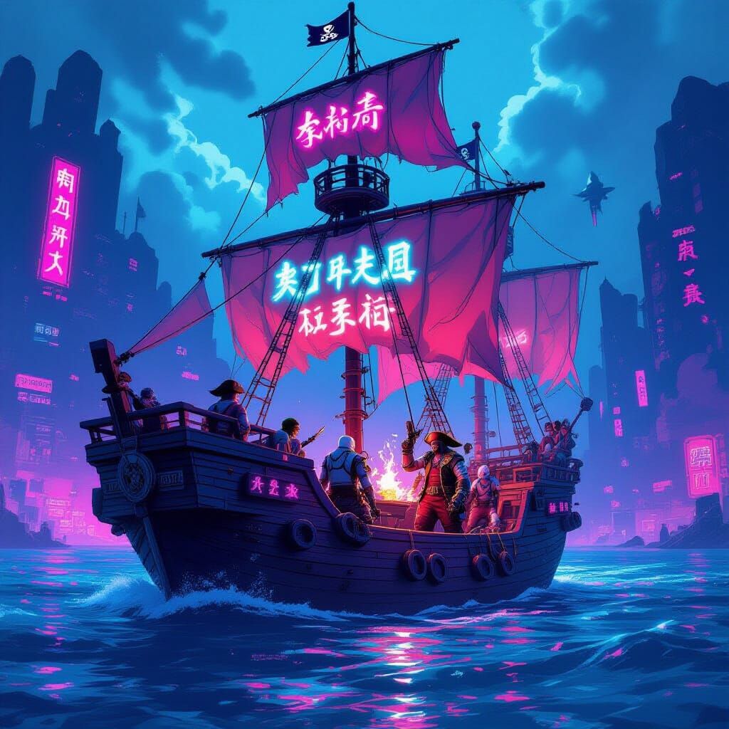 Cyberpunk Pirate Ship Sailing a Neon Ocean