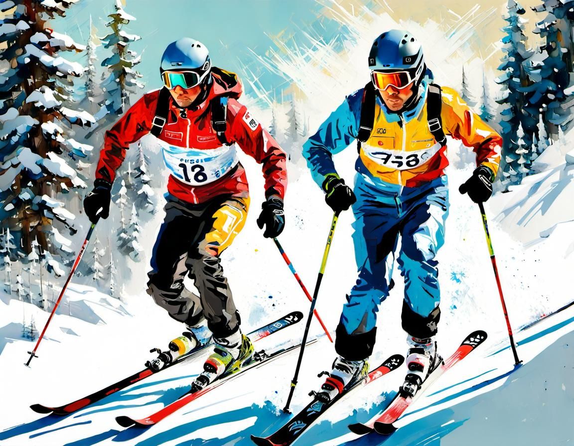 Alpine Ski Racers Speeding Down Snowy Slope