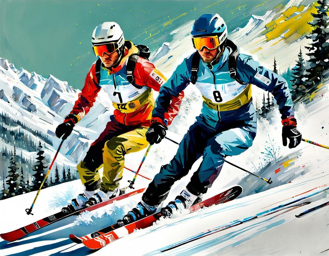 Alpine Ski Racers Speedpainting on Sunny Winter Day