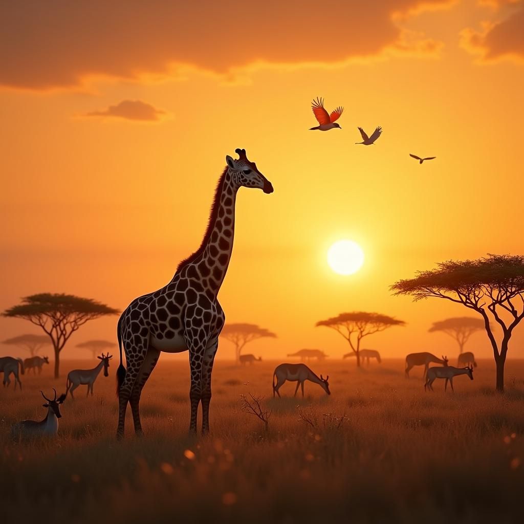 Giraffe in Golden Savannah at Sunset: Matte Painting