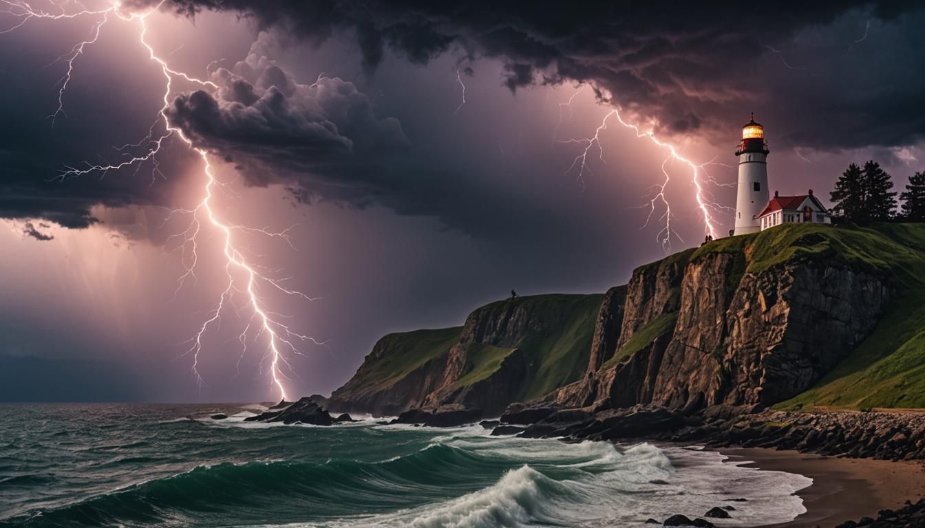 Lighthouse Cliff Illuminated by Lightning Bolt