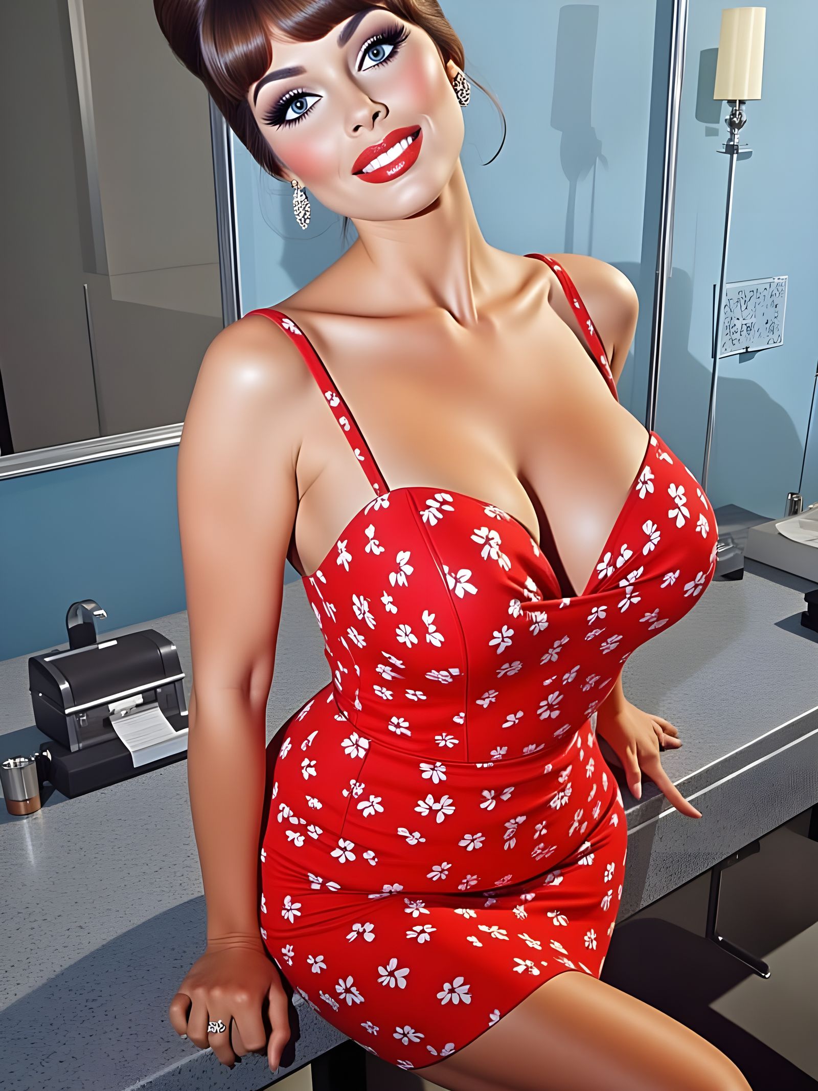 Brunette Pin-Up in Theater Backstage, Floral Dress