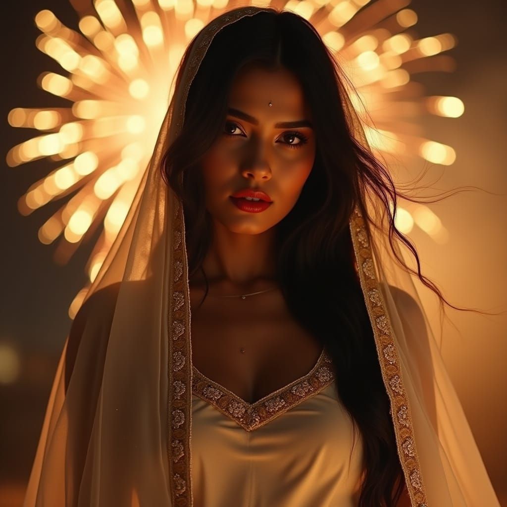 Elegant Puerto Rican Woman in Traditional White Sari
