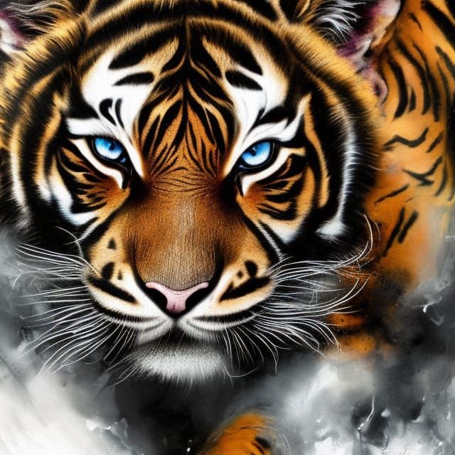 Adorable Hyperrealistic Baby Tiger Portrait in Inkblot Art