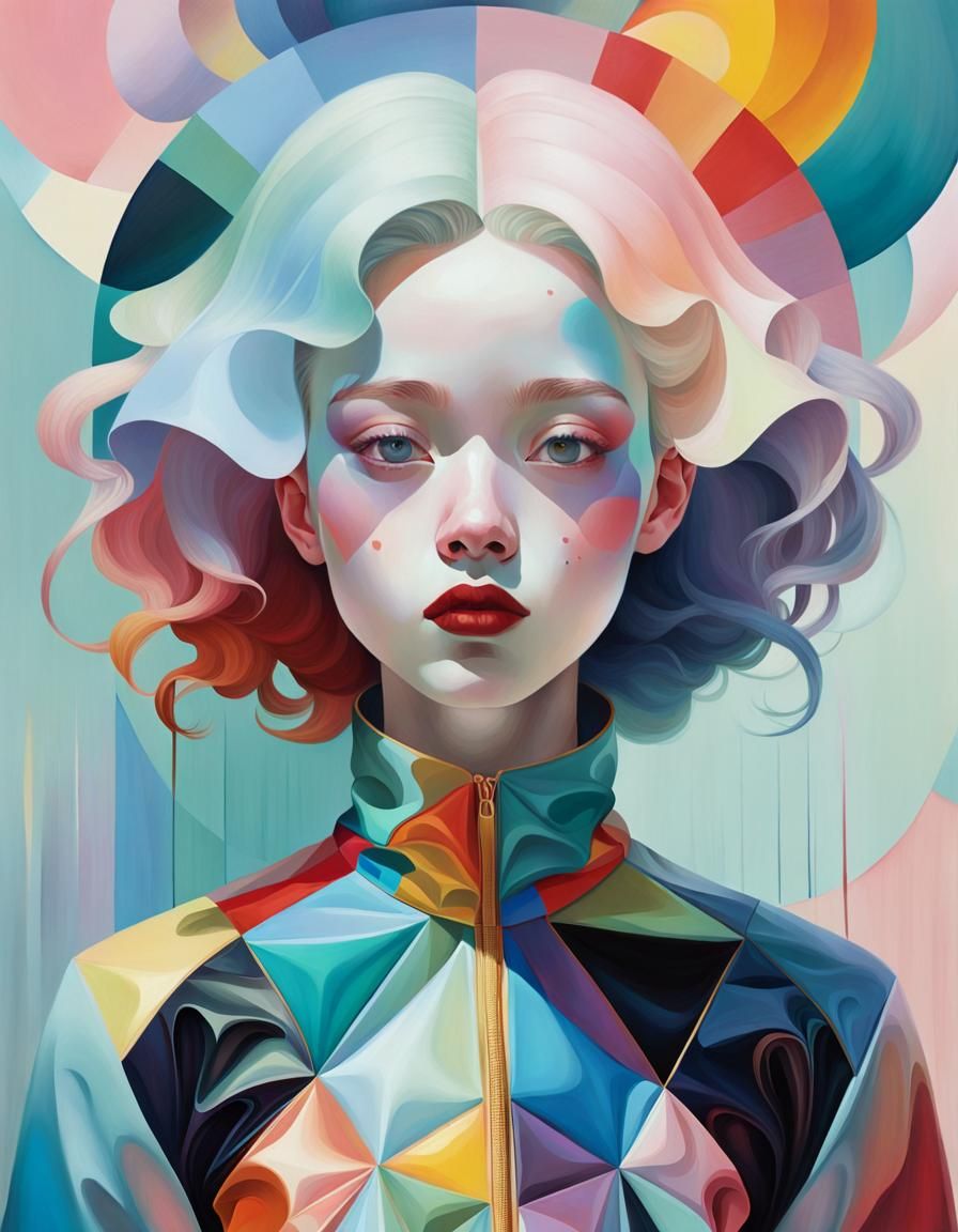 Abstract Cubist Harlequin Portrait in Triadic Colors