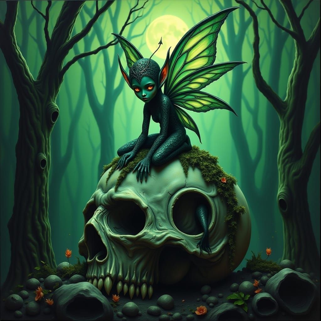 Dark Fairy on Skull in Emerald Forest