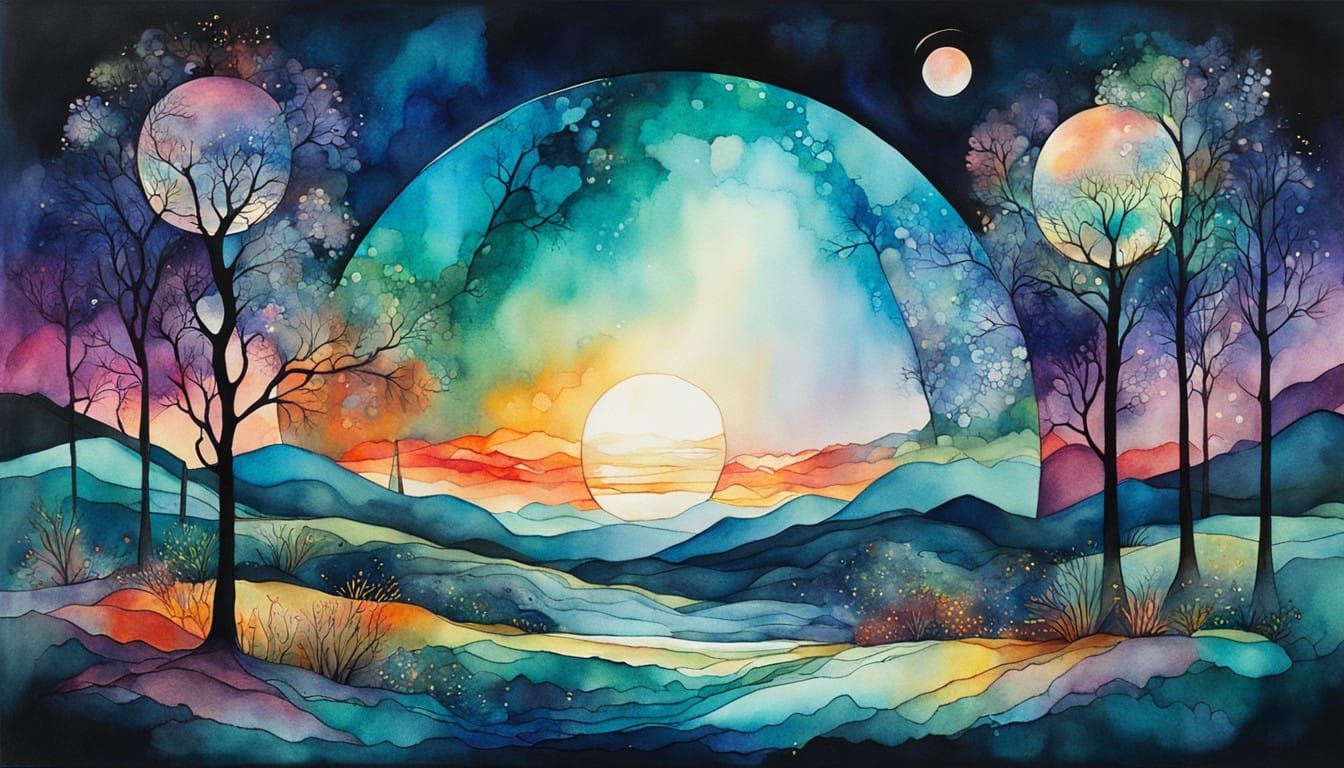 Dreamy Watercolor Fantasy Landscape Within a Radiant Christm...