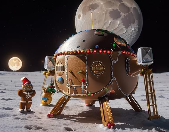 Gingerbread Moon Lander with Christmas Ornaments