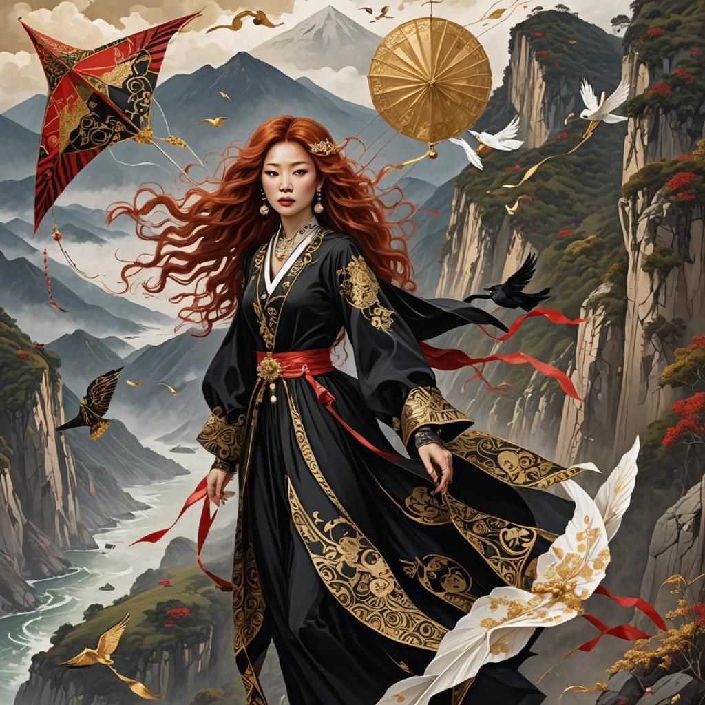 Woman with Kites in Rossetti Style