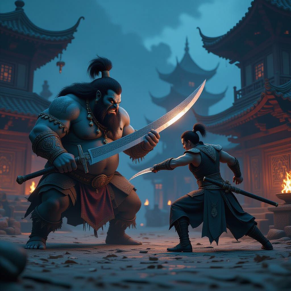 Fantasy Battle: Asura vs Warrior in Dark Village