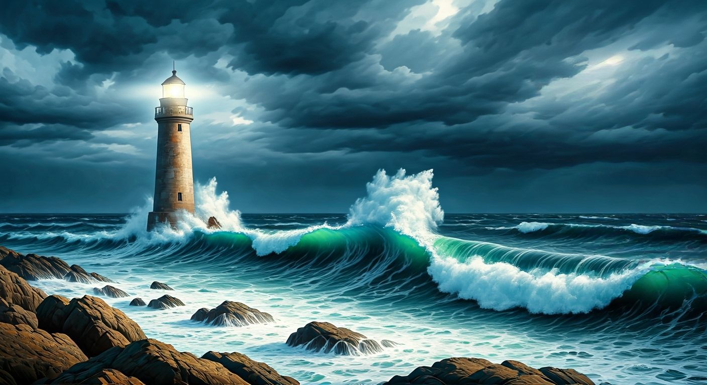 Dramatic Lighthouse in Stormy Seas Oil Painting