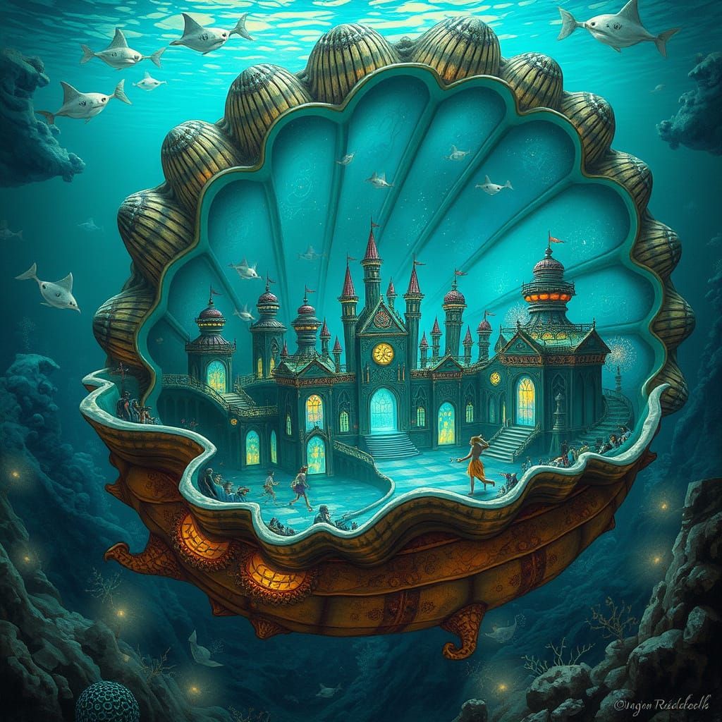 Underwater City in Seashell: Surreal Bioluminescent Fantasy
