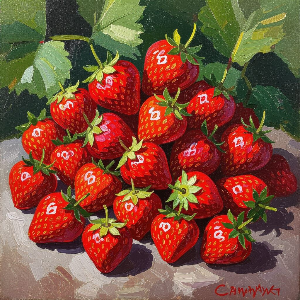 Vibrant Impasto Oil Painting of Ripe Strawberries