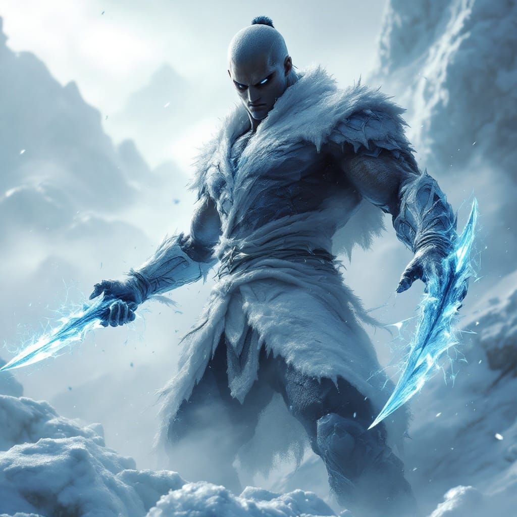 Cyberpunk Ice Warrior Unleashes Fury in Frozen Tundra