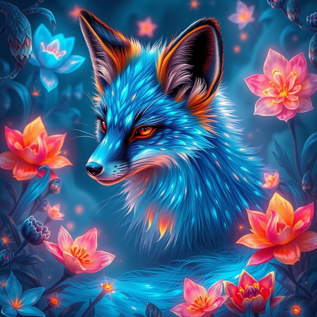 Surreal Electric Fox in Vibrant, Dreamlike Landscape