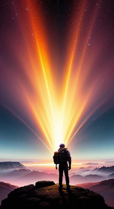 Sunset scene. A lone astronaut stands on a desolate, alien p...