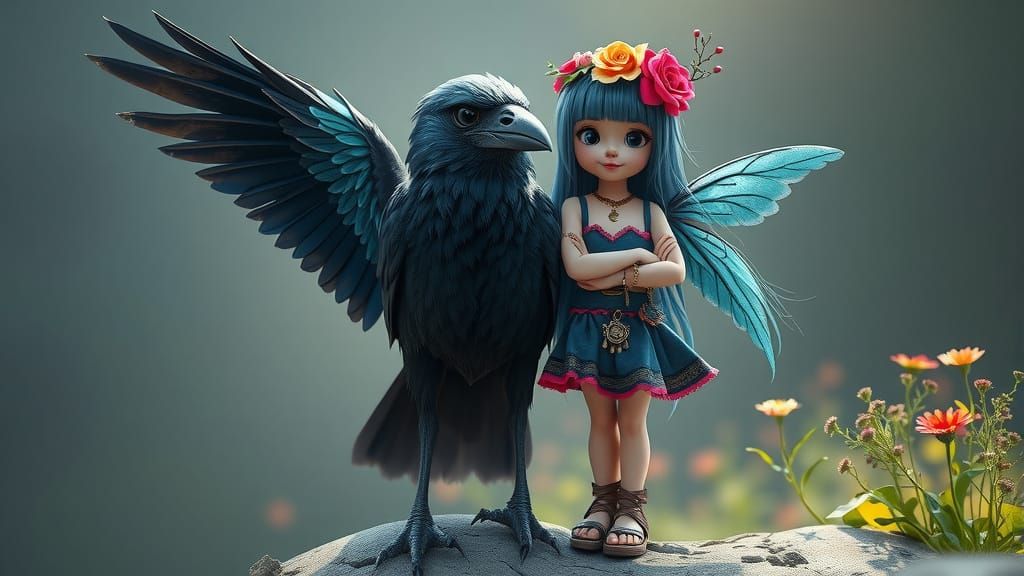 Blue Crow and Gothic-Hippy Fairy Fantasy Art
