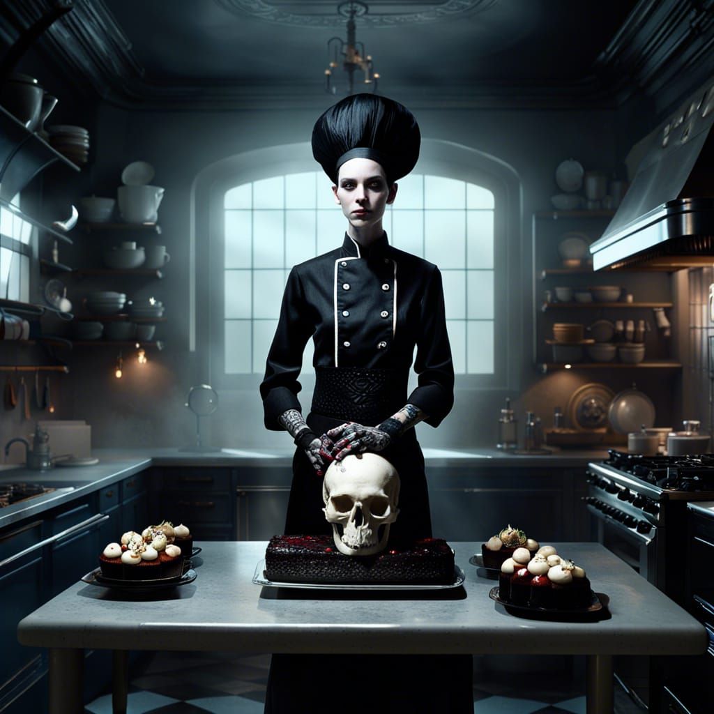 Gothic Chef with Skull Cake in Dark Kitchen