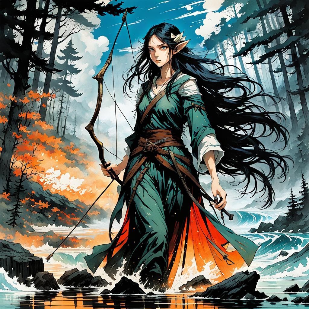Wood Elf Huntress in a Dark Forest