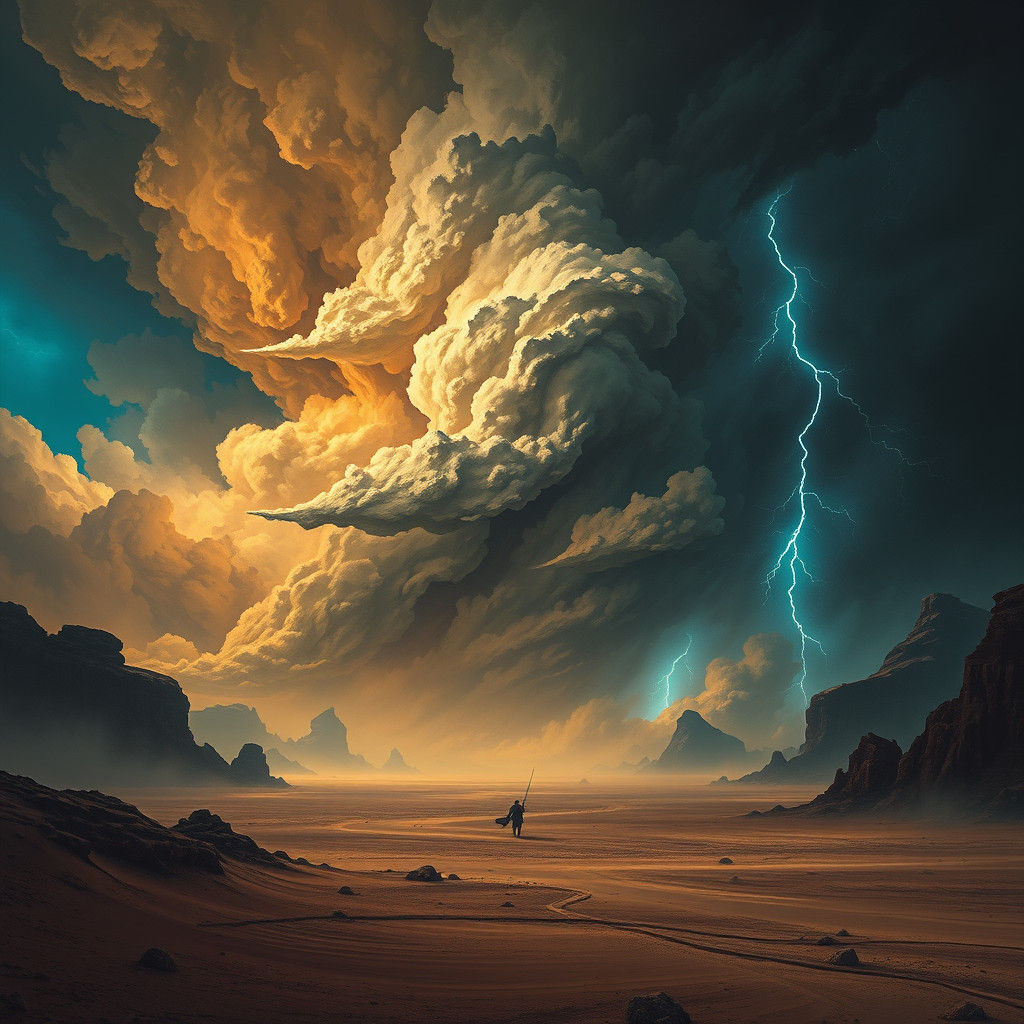 Ominous Sandstorm Sweeping Across Mystical Landscape