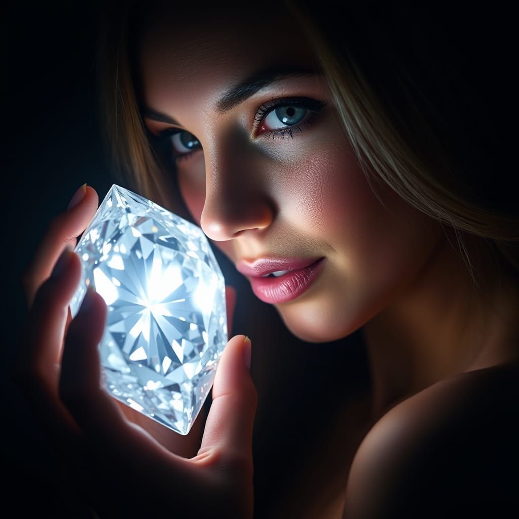 Woman Holding a Luminescent Diamond on Dark Background