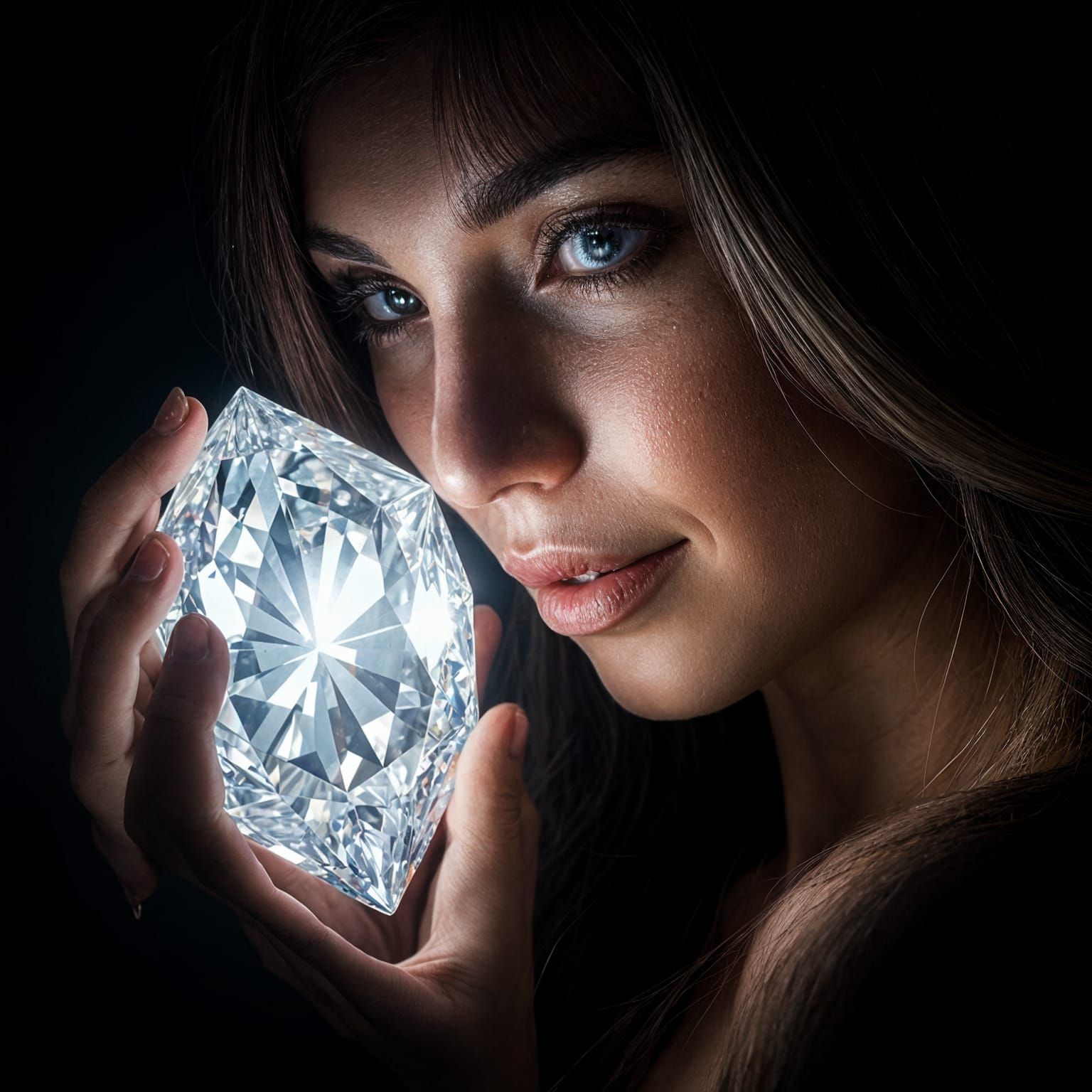 Woman Holding a Luminescent Diamond on Dark Background