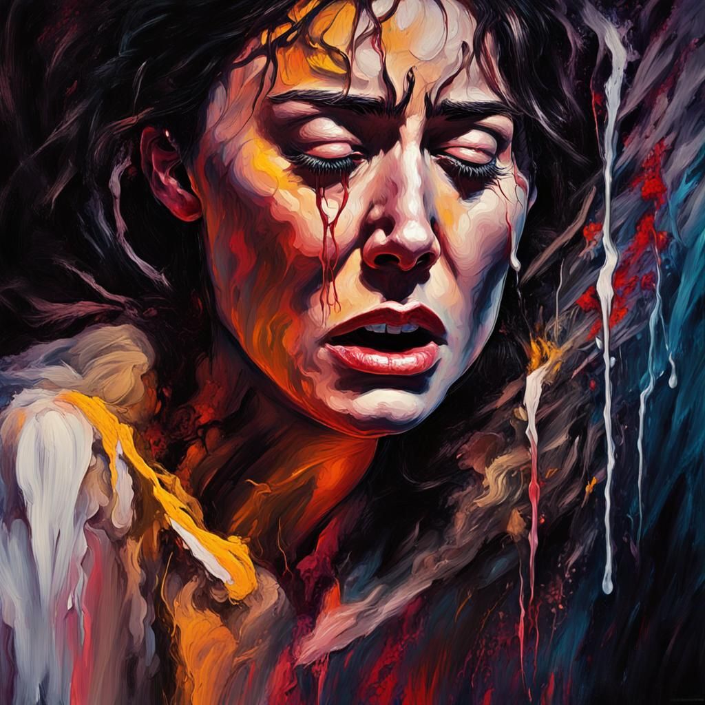 Expressionist Portrait of Crying Woman in Anguish