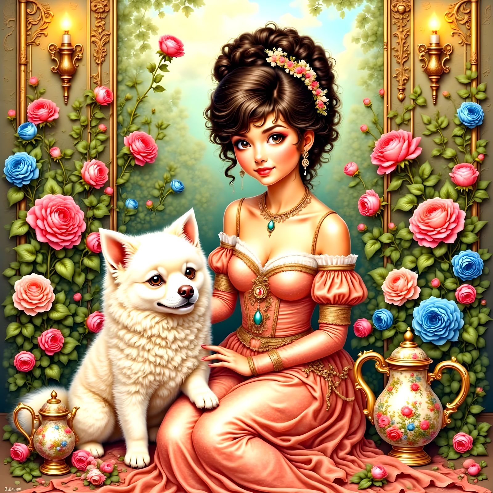 Baroque Beauty Sits with Faithful Companion in Vibrant Garde...