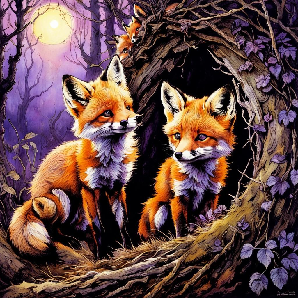 Fox Den at Twilight: A Fairytale Illustration