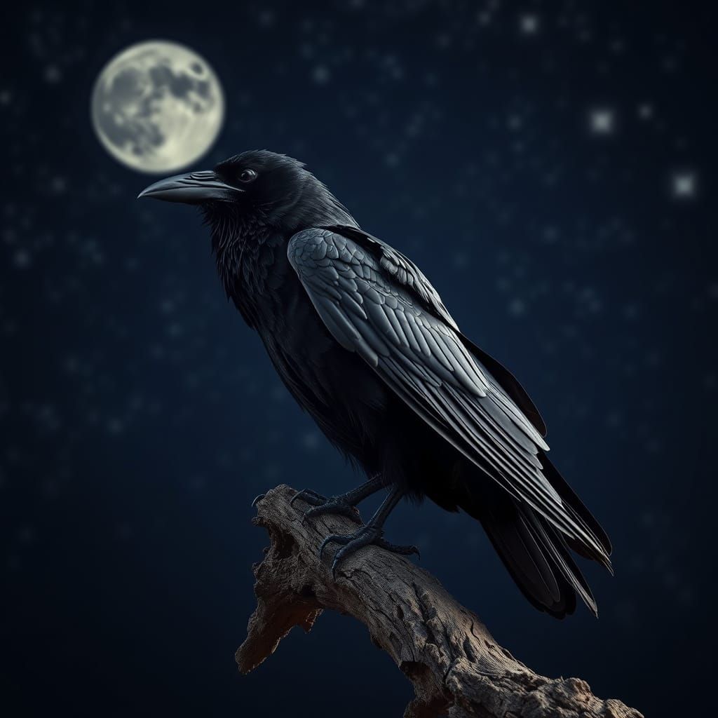 Photorealistic Raven on Oak Branch Under Moonlight
