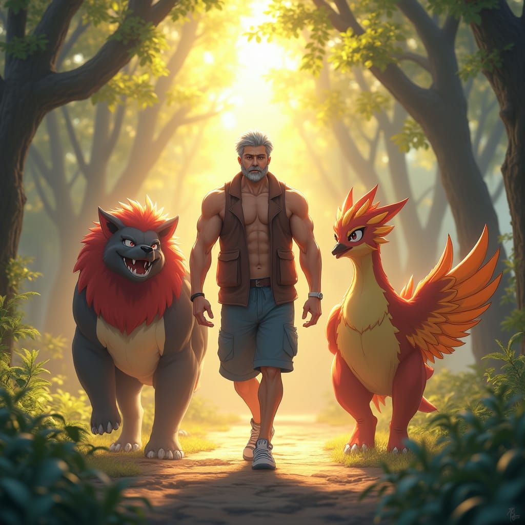 Muscled Wanderer with Mastiff Pokémon in Anime Style