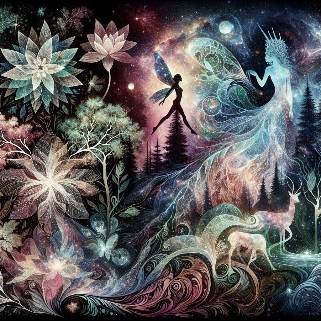 Whimsical Forest Realm with Celestial Elements