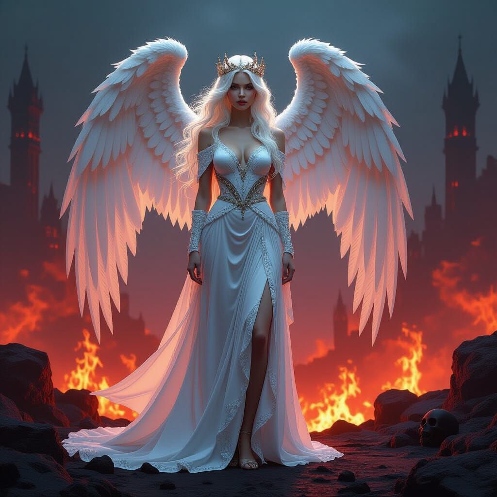 Gothic Angel in Fiery Hellscape, Art Nouveau Style