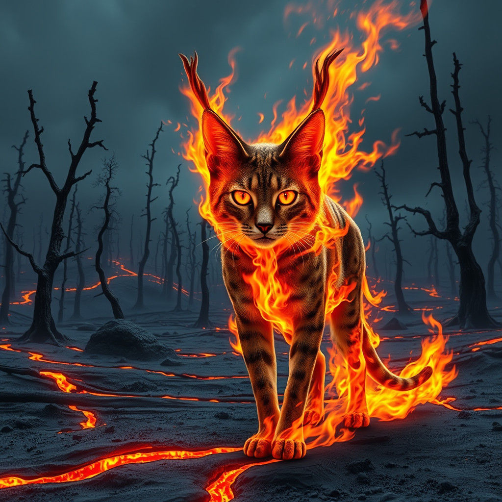 Flaming Caracal in a Desolate Landscape