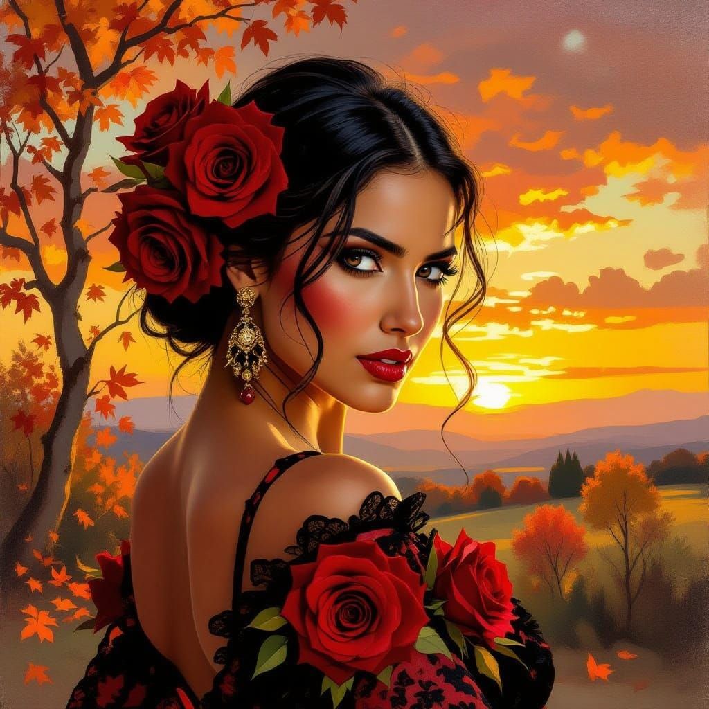 Flamenco Dancer Amidst Autumn Sunrise, Oil Painting Style