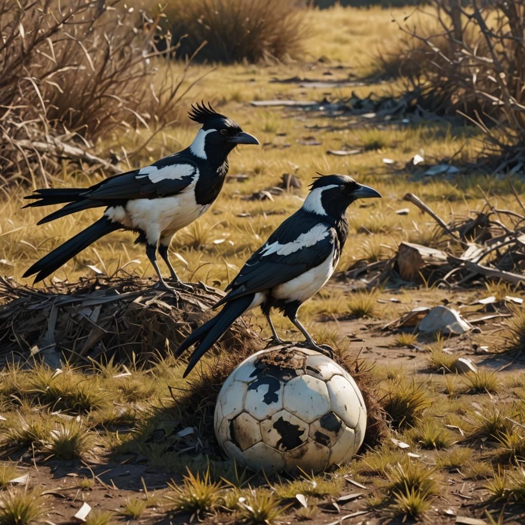 Magpies on Soccer Ball: Hyper-Realistic Digital Matte Painti...