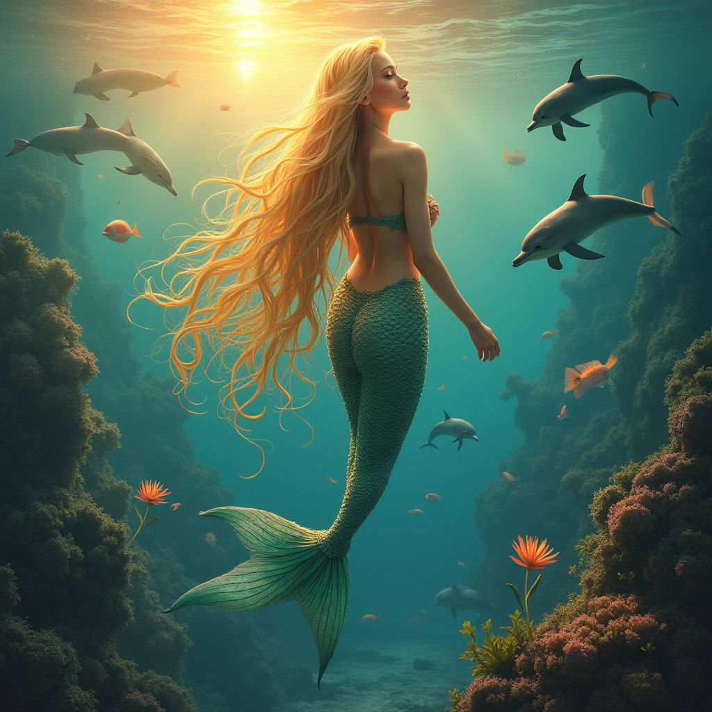 Blonde Mermaid with Fantasy Fish in Sunrise Ocean