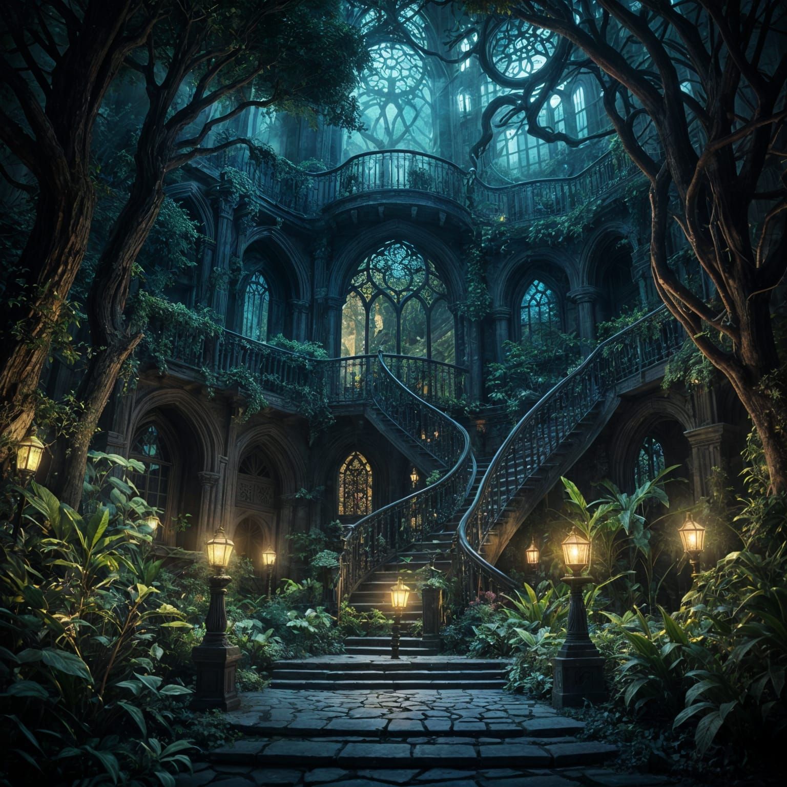 Surreal Gothic Garden Unfolds in Midnight Radiance