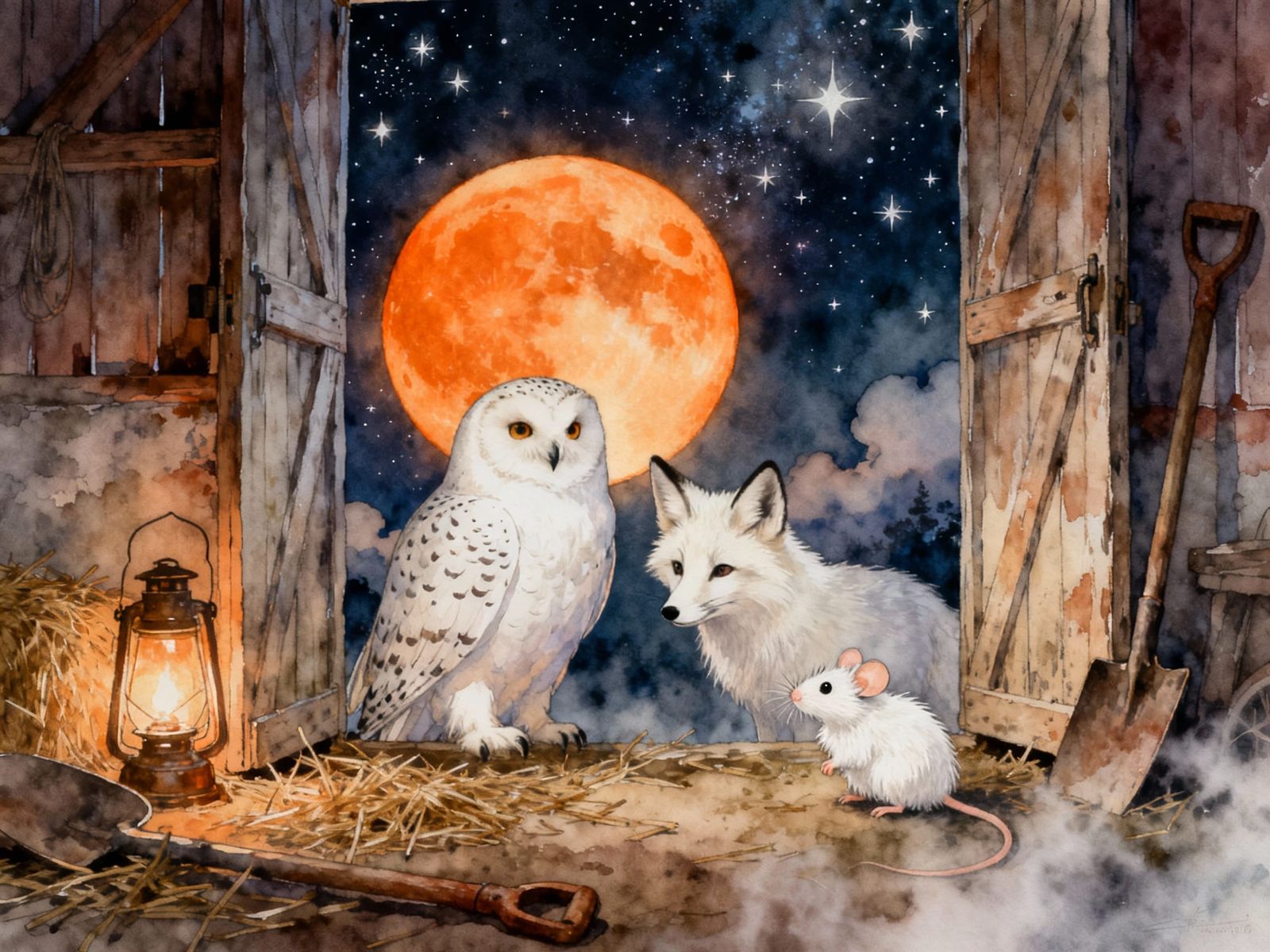 White Owl, Fox, and Mouse Under Orange Moon